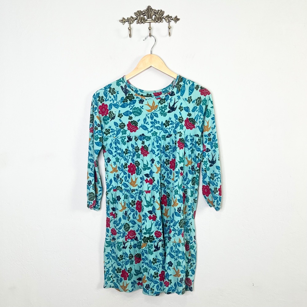 Garnet Hill Kids‎ Cotton Tiered Tunic Dress Floral Bird Teal Blue Size 14